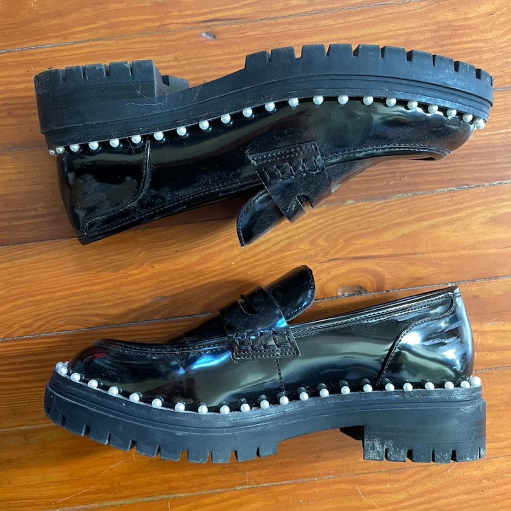 Branna Black Patent Platform Loafers With Pearl Detailing 6.5